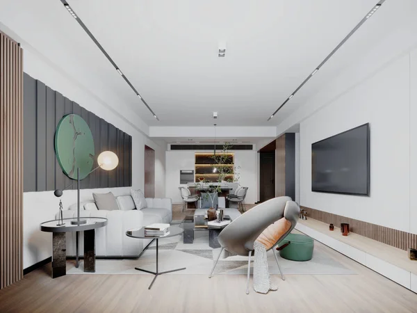 现代客厅 明亮的色彩 墙壁上有镶板 白色的角落沙发和橙色的设计师扶手椅 3D渲染 — 图库照片