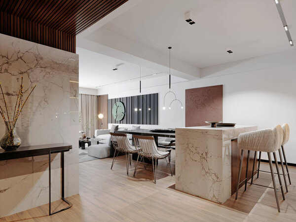 Кухонная студия и гостиная с кухонным островом с прикрепленным обеденным столом с дизайнерскими стульями в светлых тонах и решетчатой мебелью. 3d-рендеринг.