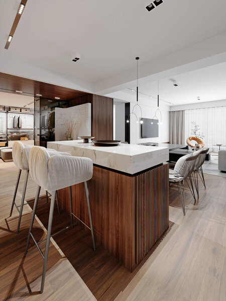 Кухонная студия и гостиная с кухонным островом с прикрепленным обеденным столом с дизайнерскими стульями в светлых тонах и решетчатой мебелью. 3d-рендеринг.