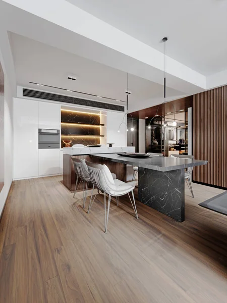 Contemporary Fitted Kitchen Design White Paneling Black Marble Backsplash Black — Stock Photo, Image