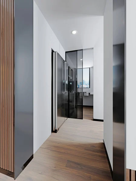 Corridor Entrance Hall Refrigerator Built Wall Access Bathroom White Walls — Stock Photo, Image