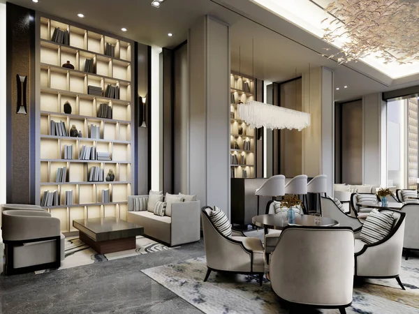 餐厅的设计风格为当代图书馆风格 有软椅桌子和带室内装饰家具的隐蔽区域 3D渲染 — 图库照片