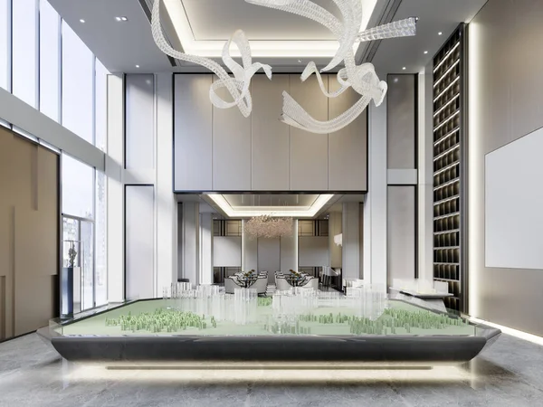 高い天井と交渉のための領域を持つ建物や構造物の大規模なモデルと不動産販売オフィス 3Dレンダリング — ストック写真