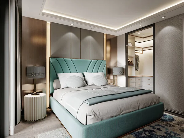 Designer bedroom with turquoise color bed and beautiful bedside tables with lamps with fabric shade. 3d rendering.