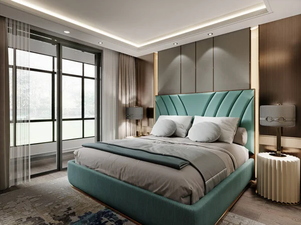 设计卧室与绿松石色床和美丽的床头柜与灯具与面料的阴影 3D渲染 — 图库照片
