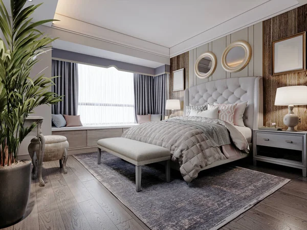 壁パネルと暗い木の寄木細工とキルティングヘッドボード付きの白い大きなベッド付きのアメリカのデザインの寝室 3Dレンダリング — ストック写真