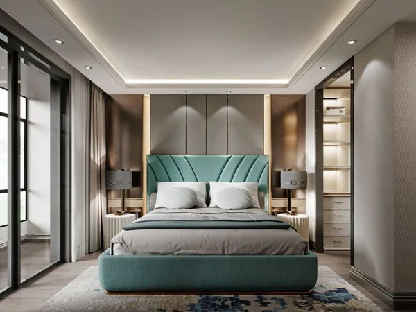 Σχεδιαστής Υπνοδωμάτιο Τιρκουάζ Χρώμα Κρεβάτι Και Όμορφα Κομοδίνα Λάμπες Υφασμάτινη — Φωτογραφία Αρχείου
