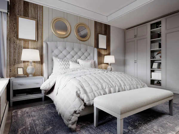 美国的设计卧室 白色的大床 床罩着床头板 墙板和深色木地板 3D渲染 — 图库照片