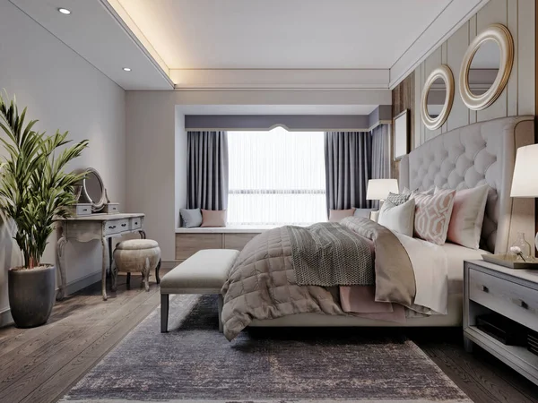 Amerikaanse Design Slaapkamer Met Wit Groot Bed Met Gewatteerd Hoofdeinde — Stockfoto