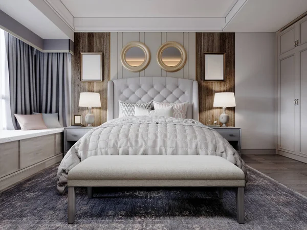 美国的设计卧室 白色的大床 床罩着床头板 墙板和深色木地板 3D渲染 — 图库照片