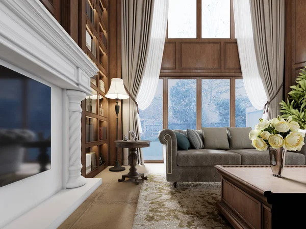 在美国风格的客厅里用大的白色壁炉和木墙装饰区域 3D渲染 — 图库照片