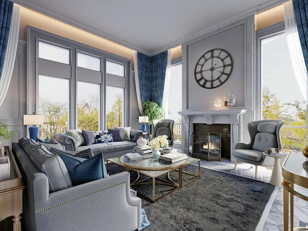 Living room in a classic style with classic upholstered furniture in the interior in white and blue. 3d rendering.