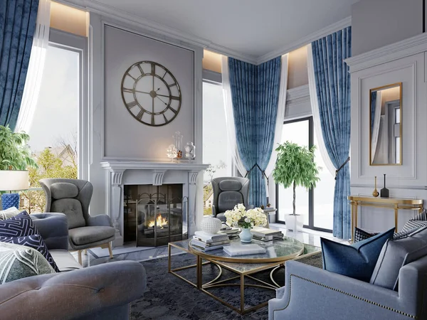 Obývací Pokoj Klasickém Stylu Klasickým Čalouněným Nábytkem Interiéru Bílé Modré — Stock fotografie