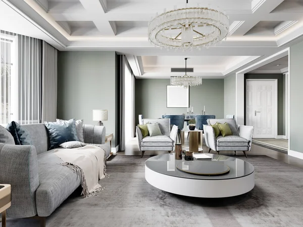 古典的な要素を持つ豪華な現代的なリビングルームデザイナーモダンな家具とピスタチオ色の壁 3Dレンダリング — ストック写真