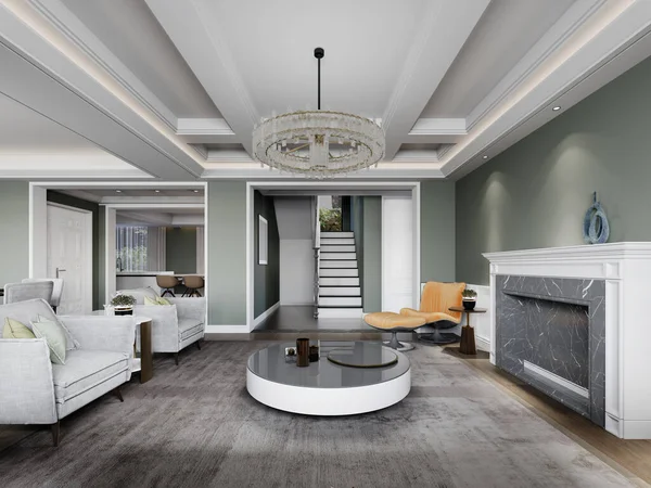 奢华的现代客厅 带有古典元素 设计新颖的现代家具 墙壁为开心果色 3D渲染 — 图库照片