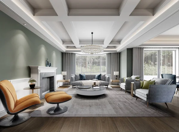 古典的な要素を持つ豪華な現代的なリビングルームデザイナーモダンな家具とピスタチオ色の壁 3Dレンダリング — ストック写真