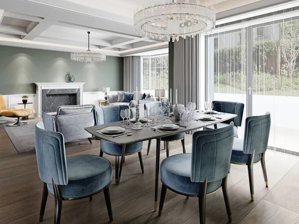 在一个现代化的客厅里吃饭 有一个时髦的六人餐桌 有蓝色软垫椅子和一个黑色花岗岩伺服桌 3D渲染 — 图库照片