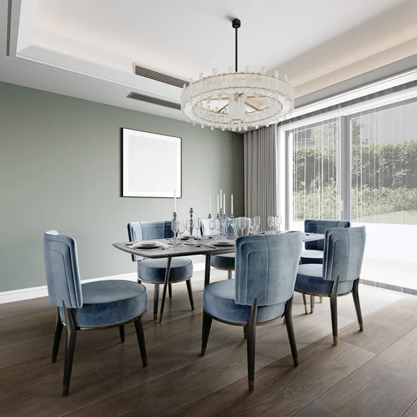 Dining in a modern living room with a trendy six-person dining table with blue upholstered chairs with a black granite server table. 3d rendering.