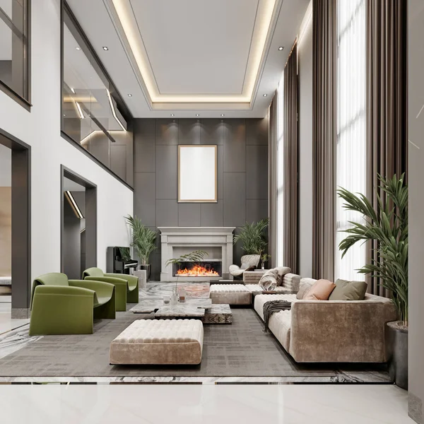 高い天井と大きな窓と緑と白のカラフルなデザイナー張りの家具と2階と豪華なリビングルーム 3Dレンダリング — ストック写真