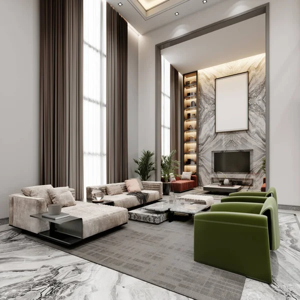 高い天井と大きな窓と緑と白のカラフルなデザイナー張りの家具と2階と豪華なリビングルーム 3Dレンダリング — ストック写真