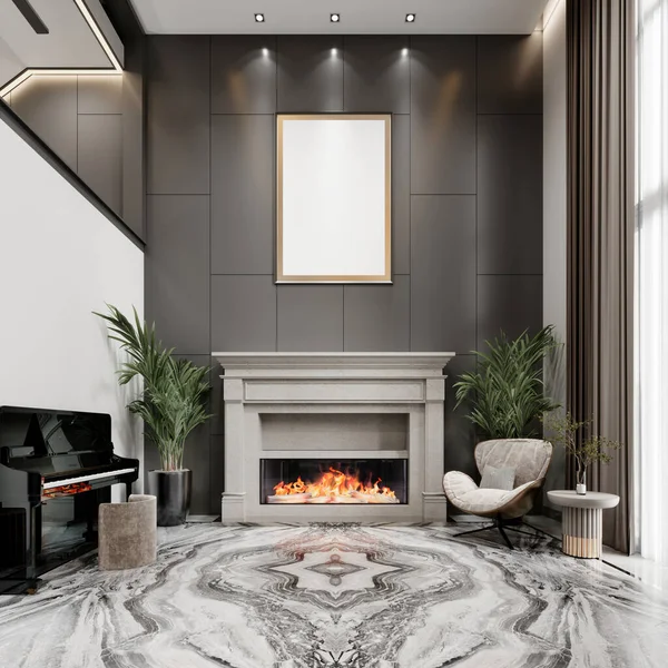 用白色壁炉与高黑色镶板墙壁相对照 用钢琴和设计简易的椅子固定区域 3D渲染 — 图库照片