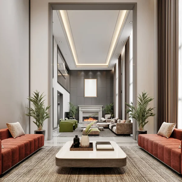 Seating Area Terracotta Upholstered Sofas High Ceilings Designer Furniture Rendering — Stock Photo, Image