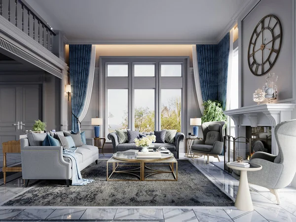 白と青のインテリアで古典的な内装の家具と古典的なスタイルのリビングルーム 3Dレンダリング ストック画像