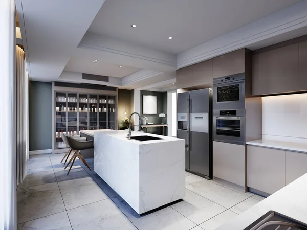 Modern Bir Mutfakta Beyaz Bir Mutfak Adası Kahverengi Mutfak Mobilyaları Stok Fotoğraf