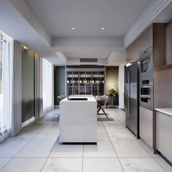 Pulau Dapur Putih Dapur Modern Dengan Kaca Besar Dengan Perabotan Stok Foto Bebas Royalti