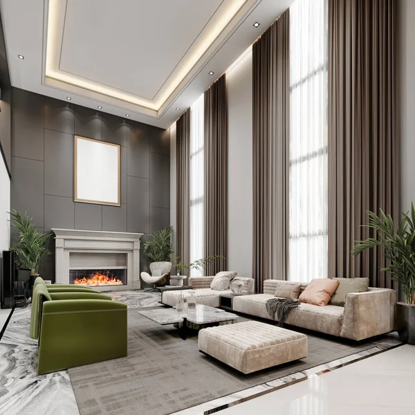 豪华客厅 天花板高 窗户大 装饰着五颜六色的绿色和白色家具 3D渲染 免版税图库照片