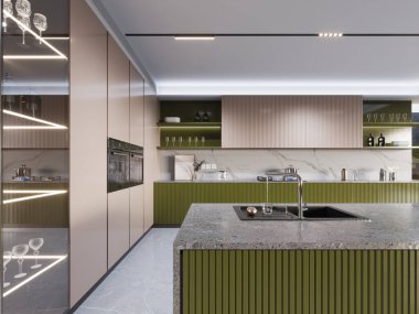 Yeşil dolaplı mutfak, entegre cihazlar, mermer tezgahlar, cam dolaplar, ve modern tasarım, modern elementleri ve fonksiyonel stili harmanlayan parlak ada, 3D görüntüleme, 3D