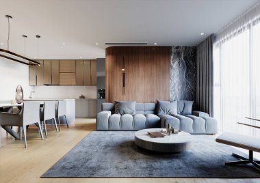 Modern yemek ve oturma odası, minimalist tasarım, çağdaş mobilya, açık alan düzeni, şık ışıklandırma, ahşap aksanlar ve nötr renk paleti, harmanlama işlevselliği ve zarafeti, 3D canlandırma, 3D illüstrasyon