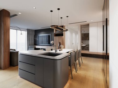 Açık mutfak ve yaşam alanı koyu mat dolapları, açık ahşap zemin, minimalist ada, şık kolye aydınlatması, modern ve doğal elementlerin kusursuz entegrasyonu, 3D görüntüleme, 3D illüstrasyon