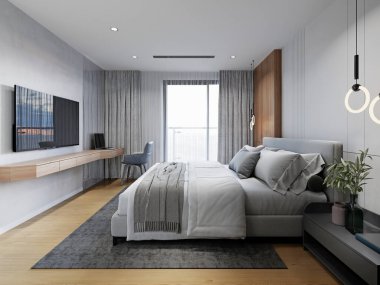 Yumuşak gri tonlu modern yatak odası, ahşap aksanlar, minimalist mobilyalar, büyük pencereler, sakin ve sakin bir atmosfer için rahat tekstil, 3D görüntüleme, 3D resim