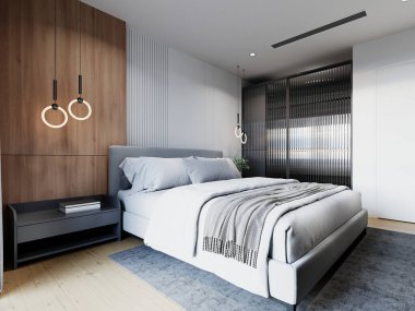 Sıcak ahşap panelli modern yatak odası, desenli gri aksanlar, buzlu cam gardırop, ve zarif kolye aydınlatma, rahat ve şık bir geri çekilme yaratıyor, 3D görüntüleme, 3D çizim