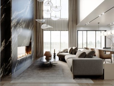 Koyu mermer şömineli, yüksek tavanlı, yumuşak bej koltuklu, heykeltraş kolyesi lambalı, geniş pencereli, lüks ve zarif bir ortam yaratan, 3D resimli, modern oturma odası.
