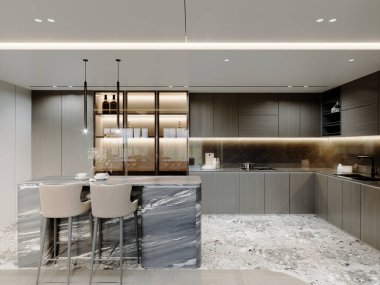 Mermer adalı modern mutfak, cam dolap, entegre aydınlatma, ve koyu ahşap kaplamalar, şık ve rafine bir aşçılık alanı yaratıyor, 3 boyutlu çizim, 3 boyutlu resimleme