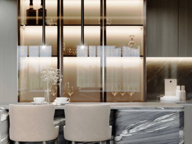 Mermer desenli zarif mutfak adası, bej bar sandalyeleri, arka ışıklandırmalı cam dolaplar, ve minimalist dekorlar, rafine ve çağdaş bir yemek alanı yaratıyor, 3 boyutlu görüntüleme, 3 boyutlu resimleme