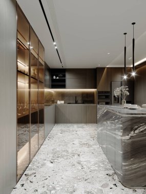 Mermer adalı modern mutfak, cam dolap, entegre aydınlatma, ve koyu ahşap kaplamalar, şık ve rafine bir aşçılık alanı yaratıyor, 3 boyutlu çizim, 3 boyutlu resimleme