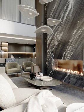 Koyu mermer şömineli, heykel kolye lambalı, kadife koltuklu ve modern dekorlu lüks bir oturma odası. Sofistike ve sıcak bir ortam yaratıyor.