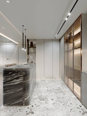 Mermer adalı minimalist mutfak, arka ışıklandırma kabini, ve parlak beyaz duvarlar, sofistike ve çağdaş bir aşçılık alanı yaratıyor, 3 boyutlu tasvir, 3 boyutlu resimleme
