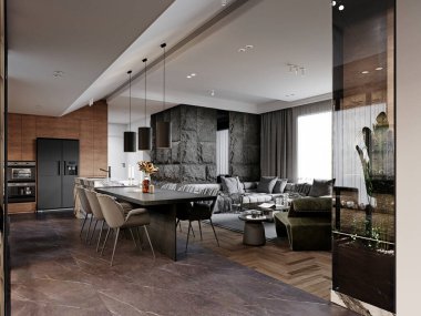 Modern zarafeti doğal elementlerle birleştiren, dokusu taş duvarlı, parlak ahşap kaplamalı ve benzersiz yeşil aksanlı sandalyeli modern açık planlı yaşam ve yemek alanı, 3 boyutlu çizim, 3 boyutlu resimleme.