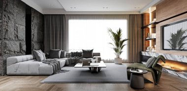  Geniş pencereli, geniş bir kanepesi, mermer şöminesi ve doğal ışığı olan modern estetik bir oturma odası. Zarif ve davetkar bir ortam. 3B görüntüleme, 3B resimleme.