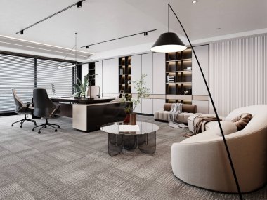 Modern mobilyaları, büyük pencereleri ve şık dekorları olan sofistike ofis salonu. Açık ve havadar düzen rahat ve profesyonel bir ortam yaratır. 3B görüntüleme, 3B resimleme.