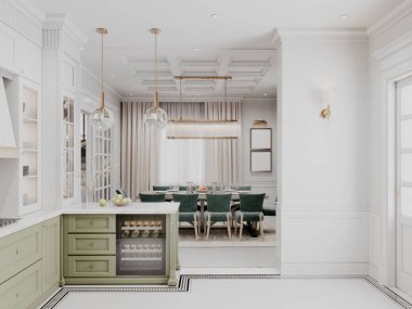 Elegant kitchen and dining area with classic design, featuring green cabinetry, a wine cooler, and sophisticated lighting. Open and bright space with a timeless appeal. 3D rendering, 3D illustration. clipart