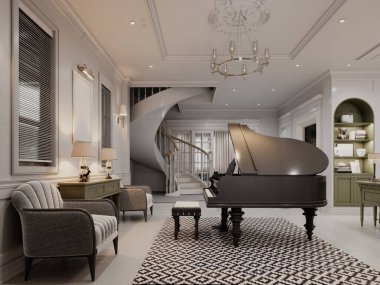 Entellektüel piyano, spiral merdiven ve zarif dekorla donanımlı bir yaşam alanı. Şatafatlı detaylar ve sıcak, davetkar bir ortam içeren klasik bir iç dizayn. 3B görüntüleme, 3B resimleme.