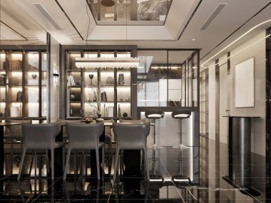 Cam vitrinli, mermer tezgahlı ve yansıtıcı siyah döşemeli modern yemek alanı. Sofistike ışıklandırma lüks ortamı geliştirir. 3B görüntüleme, 3B resimleme.