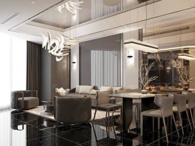 Modern mobilyaları, sanatsal avizeleri ve parlak siyah döşemeleri olan şık bir yaşam ve yemek salonu. Sofistike tasarım lüks ve konforu kusursuz bir şekilde harmanlıyor. 3B görüntüleme, 3B resimleme.
