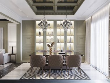 Döşeme sandalyeleri, karmaşık avizeleri ve aydınlatılmış vitrinleri olan şık bir yemek salonu. Klasik ve çağdaş elementlerin karışımı sofistike ve davetkar bir atmosfer yaratır. 3B görüntüleme, 3B resimleme.