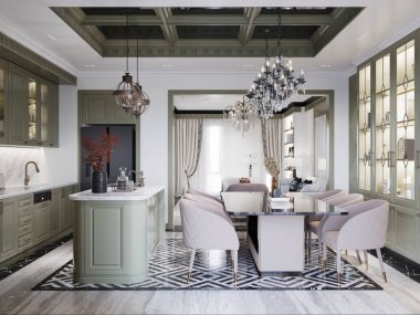 Döşeme sandalyeleri, karmaşık avizeleri ve aydınlatılmış vitrinleri olan şık bir yemek salonu. Klasik ve çağdaş elementlerin karışımı sofistike ve davetkar bir atmosfer yaratır. 3B görüntüleme, 3B resimleme.